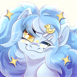 Size: 2000x2000 | Tagged: safe, artist:kwiateko, oc, oc only, earth pony, pony, blue mane, chibi, commission, cute, high res, icon, one eye closed, simple background, smiling, solo, sparkles, wink, yellow eyes