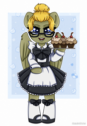 Size: 1613x2327 | Tagged: safe, artist:madelinne, oc, oc only, oc:donnik, pegasus, semi-anthro, arm hooves, bow, bun, clothes, commission, cupcake, dress, food, maid, platter, socks, solo, wings, ych result