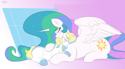 Size: 4000x2200 | Tagged: safe, artist:astrum, princess celestia, oc, oc:lunar moon, alicorn, pony, unicorn, g4, abstract background, blank flank, canon x oc, cuddling, digital art, ethereal mane, ethereal tail, eyes closed, female, freckles, glasses, happy, hug, lying down, male, missing accessory, prone, smiling, spread wings, straight, tail, wholesome, wings