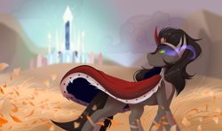 Size: 4096x2414 | Tagged: safe, artist:kebchach, king sombra, pony, unicorn, the crystal empire 10th anniversary, g4, autumn, autumn leaves, cape, clothes, leaves, male, solo, stallion