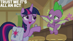 Size: 1920x1080 | Tagged: safe, edit, edited screencap, editor:quoterific, screencap, spike, twilight sparkle, alicorn, dragon, pony, g4, the point of no return, bag, duo, duo male and female, female, flying, frown, male, mare, open mouth, open smile, raised hoof, raised leg, saddle bag, smiling, spike is not amused, twilight sparkle (alicorn), unamused, winged spike, wings