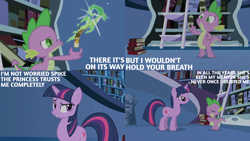 Size: 4400x2475 | Tagged: safe, edit, edited screencap, editor:quoterific, screencap, spike, twilight sparkle, dragon, pony, unicorn, friendship is magic, g4, book, bookshelf, confident, dragonfire, duo, duo male and female, eyes closed, female, fire, frown, grin, gritted teeth, implied princess celestia, ladder, male, mare, scroll, smiling, smug, smuglight sparkle, teeth, twilight's canterlot home, unicorn twilight