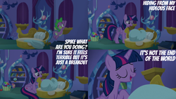 Size: 4400x2475 | Tagged: safe, edit, edited screencap, editor:quoterific, screencap, spike, twilight sparkle, alicorn, dragon, pony, g4, molt down, bed, duo, duo male and female, female, frown, hiding, male, mama twilight, open mouth, open smile, puberty, reassurance, smiling, spike's room, twilight sparkle (alicorn)