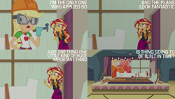 Size: 4400x2475 | Tagged: safe, edit, edited screencap, editor:quoterific, screencap, applejack, sunset shimmer, human, constructive criticism, equestria girls, g4, my little pony equestria girls: better together, clothes, cute, duo, duo female, female, geode of empathy, geode of super strength, goggles, grin, hammer, hard hat, hat, magical geodes, open mouth, open smile, shimmerbetes, smiling