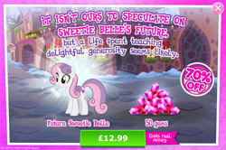 Size: 1958x1302 | Tagged: safe, gameloft, sweetie belle, pony, unicorn, g4, my little pony: magic princess, advertisement, costs real money, english, female, gem, horn, introduction card, mare, numbers, older, older sweetie belle, sale, snow, solo, text