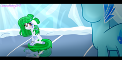 Size: 1707x850 | Tagged: safe, artist:fantasia-bases, artist:prismagalaxy514, oc, oc:snow emerald, pegasus, pony, unicorn, accessory, base used, bun hairstyle, colored wings, crossover, fake screencap, gradient hooves, gradient wings, ice, johnny test, letterboxing, movie accurate, solo, teary eyes, wings