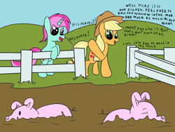 Size: 1000x750 | Tagged: safe, artist:amateur-draw, oc, oc:belle boue, earth pony, pig, pony, unicorn, female, fence, hat, mammal, mare, mud, pig pen, text