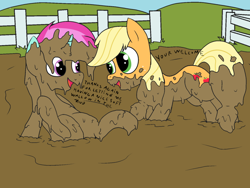 Size: 1000x750 | Tagged: safe, artist:amateur-draw, applejack, oc, oc:belle boue, earth pony, pony, unicorn, g4, covered in mud, female, fence, mare, mud, mud bath, mud play, mud pony, muddy, pig pen, text, wet and messy