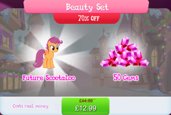 Size: 1267x856 | Tagged: safe, gameloft, scootaloo, pegasus, pony, g4, my little pony: magic princess, bundle, costs real money, english, female, gem, mare, numbers, older, older scootaloo, sale, small wings, snow, solo, spread wings, text, wings