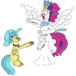 Size: 2886x2881 | Tagged: safe, artist:supahdonarudo, princess skystar, queen novo, classical hippogriff, frog, hippogriff, series:novoember, g4, my little pony: the movie, fear, female, high res, holding, jewelry, jumping, mother and child, mother and daughter, necklace, scared, screaming, simple background, transparent background