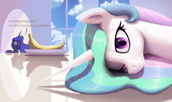 Size: 3367x2012 | Tagged: safe, artist:suhar, princess celestia, princess luna, alicorn, pony, g4, banana, cloud, duo, female, food, high res, horn, mare, multicolored mane, one eye closed, table, tired, window