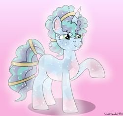 Size: 2862x2699 | Tagged: safe, artist:galaxydonate, artist:paddysparkle, artist:small-brooke1998, misty brightdawn, pony, unicorn, the crystal empire 10th anniversary, g5, spoiler:g5, alternate hairstyle, collaboration, crystallized, female, freckles, high res, mare, raised hoof, smiling, solo