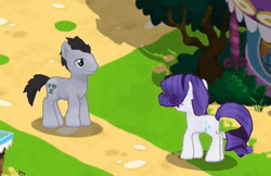 Size: 478x310 | Tagged: safe, gameloft, lord tirek, lucky clover, rarity, scootaloo, earth pony, pegasus, pony, robot, robot centaur, unicorn, g4, my little pony: magic princess, animated, butt, cropped, dancing, duo focus, female, filly, foal, gameloft shenanigans, gangnam style, gif, happy, lord botrek, male, mare, plot, stallion