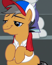 Size: 800x998 | Tagged: safe, screencap, orion, quibble pants, shooting star (g4), earth pony, pony, common ground, g4, season 9, animated, baseball cap, cap, clothes, crying, gif, hat, male, shirt, solo focus, stallion, tears of joy, wiping tears