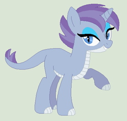 Size: 396x379 | Tagged: safe, artist:sarabeanadopts, oc, oc only, unnamed oc, dracony, hybrid, pony, unicorn, base used, claw hooves, eyeshadow, female, green background, horn, interspecies offspring, looking at you, makeup, mare, offspring, parent:rarity, parent:spike, parents:sparity, simple background, slit pupils, smiling, smiling at you, solo