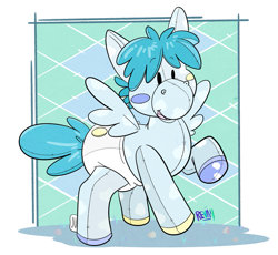 Size: 833x768 | Tagged: safe, artist:reva_the_scarf, oc, oc:naptime, pegasus, pony, diaper, fluffy, markings, non-baby in diaper, patchwork, plushie, plushification, simple background, splotches, spots, stitching, wings