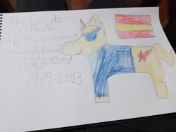 Size: 4000x3000 | Tagged: safe, artist:super-coyote1804, pony, unicorn, clothes, eyepatch, flag, formula 1, maria de villota, memorial, pencil drawing, photo, ponified, shirt, solo, spain, traditional art