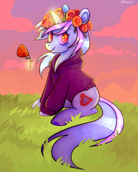 Size: 1884x2346 | Tagged: safe, artist:1racat, lyra heartstrings, pony, unicorn, fanfic:background pony, g4, background pony, dawn, dig the swell hoodie, female, floral head wreath, flower, flower in hair, grass, magic, sitting, smiling, solo, telekinesis, tulip