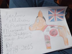Size: 4000x3000 | Tagged: safe, artist:super-coyote1804, earth pony, pony, british, clothes, formula 1, formula e, great britain, indycar, justin wilson, memorial, palindrome get, pencil drawing, photo, ponified, shirt, smiling, solo, traditional art, united kingdom