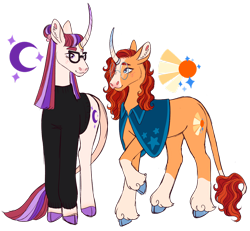 Size: 1280x1183 | Tagged: safe, artist:s0ftserve, moondancer, sunburst, classical unicorn, pony, unicorn, g4, cape, clothes, cloven hooves, colored hooves, curved horn, duo, glasses, horn, horn jewelry, jewelry, leonine tail, simple background, sunstone, sweater, transgender, transparent background, unshorn fetlocks