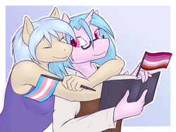 Size: 2048x1530 | Tagged: safe, artist:daf, oc, oc only, oc:pink lace, oc:sandy surf, unicorn, anthro, duo, lesbian pride flag, pride, pride flag, transgender pride flag