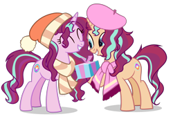 Size: 2908x2000 | Tagged: safe, artist:ashakalovsky, artist:c1trine, oc, oc only, oc:dawn light (ice1517), oc:dusk fire (ice1517), pony, unicorn, icey-verse, base used, beret, brother and sister, christmas, clothes, commission, duo, eyes closed, female, grin, hat, high res, holiday, magical lesbian spawn, male, mare, offspring, parent:starlight glimmer, parent:sunset shimmer, parents:shimmerglimmer, present, scarf, siblings, simple background, smiling, stallion, striped scarf, transparent background, winter, ych result