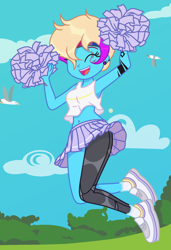 Size: 1412x2064 | Tagged: safe, artist:c1trine, artist:yaya54320bases, oc, oc only, oc:machiko, human, equestria girls, g4, amputee, armpits, base used, belly button, bush, cheerleader, cheerleader outfit, clothes, cloud, commission, ear piercing, earring, equestria girls-ified, eye scar, eyes closed, facial scar, female, headband, jewelry, midriff, open mouth, piercing, pom pom, prosthetic leg, prosthetic limb, prosthetics, scar, shoes, skirt, sky, sneakers, socks, solo, tank top, tattoo, ych result