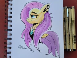 Size: 2048x1536 | Tagged: safe, artist:poxy_boxy, fluttershy, pegasus, pony, g4, bust, clothes, dress, ear piercing, earring, female, fluttergoth, jewelry, mare, piercing, profile, signature, solo, traditional art