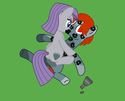 Size: 900x730 | Tagged: safe, artist:ironwoodakacleanser, maud pie, oc, oc:cleanser, earth pony, pony, g4, black lipstick, canon x oc, duo, female, fetish, green background, heart, heart eyes, immobile, kiss mark, kiss on the lips, kissing, lipstick, lipstick fetish, male, missing accessory, petrification, potion, simple background, sitting on person, sitting on pony, stallion, story included, straight, turned to stone, wingding eyes