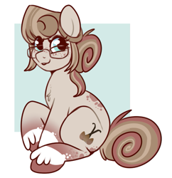 Size: 489x506 | Tagged: safe, artist:lulubell, oc, oc only, oc:toasted almond vanilla, earth pony, pony, adoptable, body freckles, chest fluff, coat markings, colored hooves, earth pony oc, female, freckles, glasses, gradient legs, green background, leg freckles, looking at you, mare, passepartout, raised hoof, simple background, sitting, smiling, socks (coat markings), solo, white background