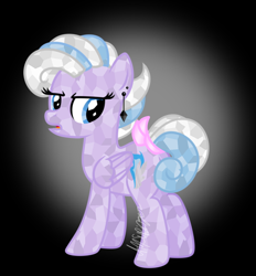 Size: 502x540 | Tagged: safe, artist:feather_bloom, oc, oc:silver haze(kaitykat), crystal pony, pegasus, pony, the crystal empire 10th anniversary, bow, crystallized, displeased, ear piercing, earring, grumpy, jewelry, piercing, solo, tail, tail bow