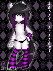 Size: 2116x2833 | Tagged: safe, artist:zeffdakilla, oc, oc only, oc:lacey lullaby, earth pony, semi-anthro, abstract background, arm hooves, arm warmers, belly button, belly piercing, black mane, choker, clothes, ear piercing, emo, female, fishnet stockings, hairclip, high res, hoof on hip, looking at you, mare, panties, patterned background, piercing, purple eyes, scene, scene kid, socks, solo, standing, striped socks, underwear, white fur