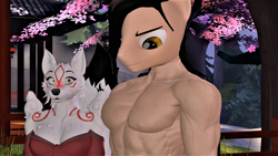 Size: 3840x2160 | Tagged: safe, artist:mr-wolfapex, oc, oc:kurt marek (electro-crit), anthro, 3d, amaterasu, clothes, duo, furry, girl staring at guy's chest, high res, meme, okami, partial nudity, pecs, topless