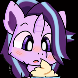 Size: 1250x1250 | Tagged: safe, artist:just loq, starlight glimmer, pony, unicorn, g4, black background, blushing, cupcake, cute, food, glimmerbetes, open mouth, simple background, solo