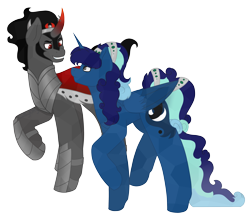 Size: 3952x3408 | Tagged: safe, artist:calibykitty, king sombra, oc, oc:midnight specter, alicorn, crystal pony, pony, umbrum, unicorn, the crystal empire 10th anniversary, g4, bedroom eyes, black mane, blue coat, brown eyes, canon x oc, cape, clothes, crystallized, eye contact, female, flowing hair, flowing mane, flowing tail, gray coat, height difference, high res, horn, long hair, long mane, long tail, looking at each other, looking at someone, looking down, looking up, male, mare, multicolored hair, raised hoof, raised leg, red eyes, red horn, side view, simple background, smiling, smiling at each other, smirk, smug, stallion, tail, transparent background, watermark