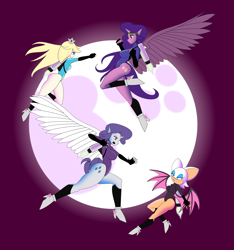 Size: 1500x1600 | Tagged: safe, artist:markuskus, pipp petals, rarity, alicorn, bat, human, anthro, g5, alicornified, breasts, clothes, fight, flying, jetpack, leotard, moon, night, princess rosalina, race swap, rosalina, rouge the bat, sky, sky background, sonic the hedgehog (series), super mario bros.