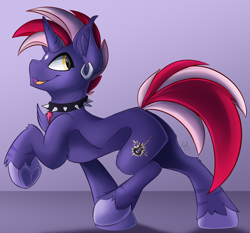 Size: 1500x1400 | Tagged: safe, artist:starcasteclipse, oc, oc only, pony, unicorn, choker, collar, ear piercing, earring, jewelry, looking back, open mouth, piercing, raised hoof, raised leg, slender, smiling, solo, spiked choker, spiked collar, thin, underhoof, unshorn fetlocks