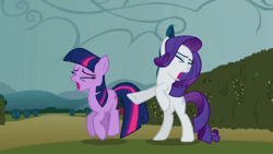 Size: 520x293 | Tagged: safe, screencap, rarity, twilight sparkle, earth pony, pony, g4, season 2, the return of harmony, animated, bipedal, canterlot hedge maze, duo, duo female, earth pony rarity, earth pony twilight, eyebrows, eyes closed, eyeshadow, female, frown, gif, hedge maze, hoofy-kicks, loop, makeup, maze, missing horn, open mouth, race swap, rearing, screaming, shaking, trotting, trotting in place