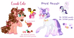 Size: 2983x1528 | Tagged: safe, artist:mint-light, artist:vernorexia, cheese sandwich, fleur-de-lis, pinkie pie, rarity, oc, oc only, oc:crumb cake, oc:pearl dazzle, earth pony, pony, unicorn, g4, accessory, adoptable, adoptable open, base used, cake, choker, cinnamon, color palette, colored hooves, curly hair, cutie mark, eyeshadow, female, food, for sale, freckles, fusion, fusion:cheese sandwich, glasses, hair accessory, hair bun, heart shaped glasses, jewelry, lesbian, long mane, magical lesbian spawn, makeup, male, multicolored mane, necklace, next generation, offspring, parent:cheese sandwich, parent:fleur-de-lis, parent:pinkie pie, parent:rarity, parents:cheesepie, parents:fleurity, reference sheet, ship:cheesepie, ship:fleurity, shipping, simple background, straight, sunglasses, tall, white background