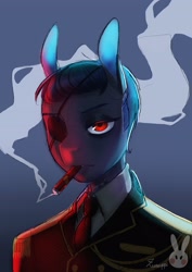 Size: 2480x3508 | Tagged: safe, artist:nozomi180, oc, oc only, oc:zuru, pegasus, anthro, bust, cigar, clothes, eyepatch, female, high res, mare, portrait, signature, simple background, smoke, smoking, soldier, solo, uniform