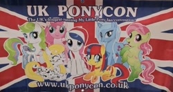 Size: 798x425 | Tagged: artist needed, safe, pinkie pie, oc, oc:britannia (uk ponycon), earth pony, pony, unicorn, my little pony fair, uk ponycon, g3, g4, art pony, banner, cleopatra pony, dandelion pony, female, g3 to g4, generation leap, group, irl, lowres, mare, peacock pony, photo, ponycon, poster, sunny grace, united kingdom, unknown pony