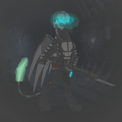 Size: 4214x4218 | Tagged: safe, artist:l.scratch, artist:somber, oc, oc:storm, armor, darkness, dead space, gun, metro, solo, tunnel, weapon