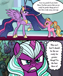 Size: 1600x1939 | Tagged: safe, artist:melspyrose, luster dawn, opaline arcana, twilight sparkle, alicorn, pony, unicorn, g4, g5, the last problem, spoiler:g5, spoiler:my little pony: make your mark, 2 panel comic, angry, comic, crown, cutie mark, dialogue, ethereal mane, female, g5 to g4, generation leap, gritted teeth, hair tie, hoof shoes, jealous, jewelry, mare, older, older twilight, older twilight sparkle (alicorn), open mouth, open smile, peytral, ponytail, princess shoes, princess twilight 2.0, raised hoof, regalia, scene interpretation, smiling, sparkling mane, sparkling tail, speech bubble, spread wings, stained glass, starry mane, teeth, twilight sparkle (alicorn), twilight sparkle's cutie mark, wings