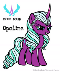 Size: 1280x1536 | Tagged: safe, artist:melspyrose, opaline arcana, pony, unicorn, g4, g5, spoiler:g5, spoiler:my little pony: make your mark, adorabolical, adoraevil, cute, cutie mark, evil grin, eyebrows, female, g5 to g4, generation leap, grin, mare, opaline arcana's cutie mark, opalinebetes, reference sheet, signature, simple background, smiling, smirk, solo, white background