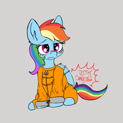 Size: 1400x1400 | Tagged: safe, artist:riotcharge, rainbow dash, pegasus, pony, g4, blushing, bound wings, chains, clothes, cuffs, never doubt rainbowdash69's involvement, prison jumpsuit, prison outfit, prisoner, prisoner rd, solo, wings