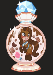 Size: 757x1055 | Tagged: safe, artist:stardust-pony, oc, oc:chocolate delight, pony, unicorn, apron, blushing, candy, chocolate, clothes, commission, female, food, lidded eyes, mare, open mouth, perfume, perfume bottle, solo, ych result
