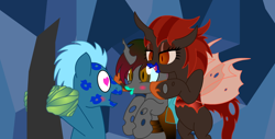 Size: 1260x640 | Tagged: safe, artist:ironwoodakacleanser, eiffel, oc, oc:fade, oc:princess amanita, changeling, changeling queen, earth pony, pony, g4, blue lipstick, blushing, bondage, brown changeling, canon x oc, changeling slime, female, fetish, heart, heart eyes, kiss mark, kissing, lipstick, lipstick fetish, male, open mouth, open smile, red changeling, show accurate, smiling, stallion, wingding eyes