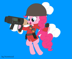 Size: 611x501 | Tagged: safe, artist:ironwoodakacleanser, pinkie pie, earth pony, pony, g4, clothes, cloud, cosplay, costume, female, helmet, mare, rocket launcher, signature, soldier, soldier (tf2), solo, team fortress 2, weapon