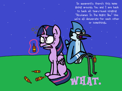 Size: 800x600 | Tagged: safe, artist:professorventurer, twilight sparkle, alicorn, bird, blue jay, pony, g4, aeroplanes and meteor showers, beer bottle, bottle, crossover, crossover shipping, digitalized, drunk, drunk bubbles, drunk twilight, levitation, magic, male, meme, mordecai, mordetwi, redraw mordetwi meme, regular show, telekinesis, trace, twilight sparkle (alicorn)