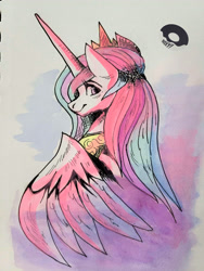 Size: 3024x4032 | Tagged: safe, artist:poxy_boxy, princess celestia, alicorn, pony, bust, female, looking at you, looking back, looking back at you, mare, smiling, smiling at you, solo, traditional art, watercolor painting